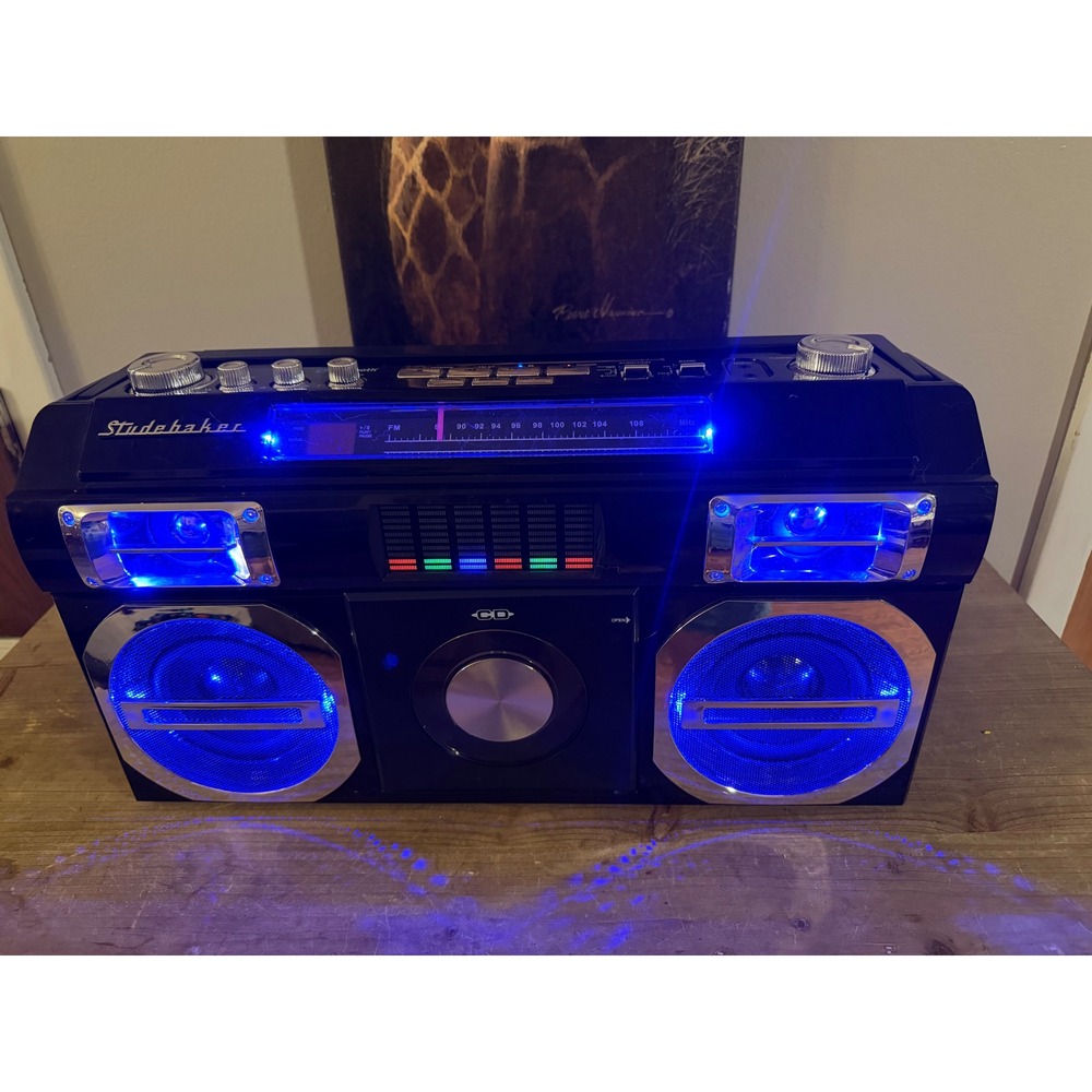 Studebaker SB2145 Portable Bluetooth Boombox CD Player FM Radio Blue LED Black
